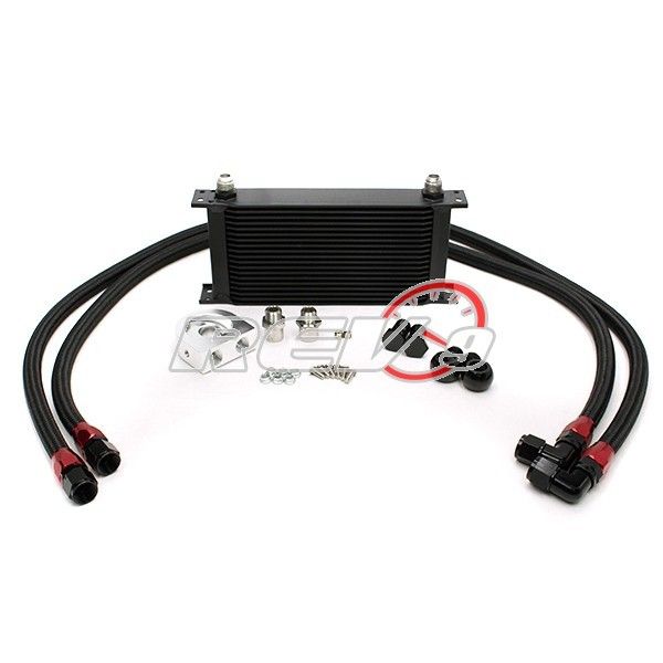Rev9 - Black Aluminum 19 Row Motor Engine Oil Cooler Kit w/ Filter Relocation