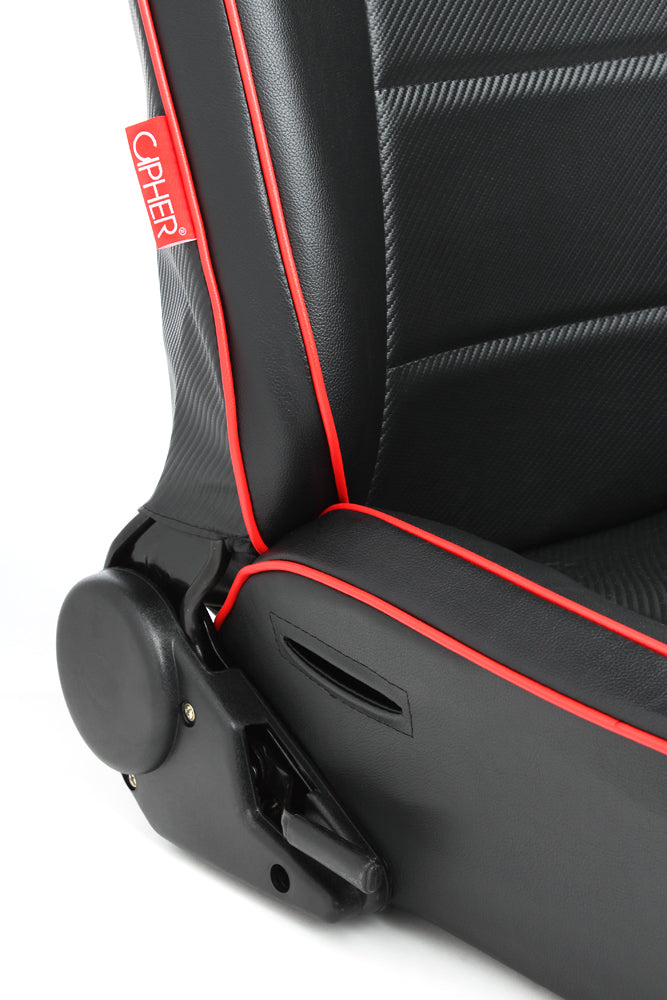 CPA3002 Black Leatherette / Carbon Fiber PU W/Red Piping Universal Reclineable Suspension / Jeep Seats