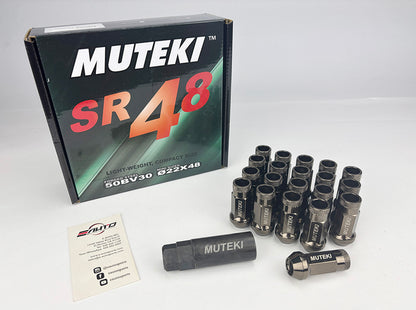 MUTEKI 20pc SR48 12x1.5 Extend Wheel Tuner Lug Nut Taper Acorn - Chrome Titanium