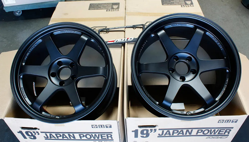 Rays Volk TE37SL Matte Black Wheels 19x9.5 +22 19x10.5 +12 5x114 370z Nissan Z