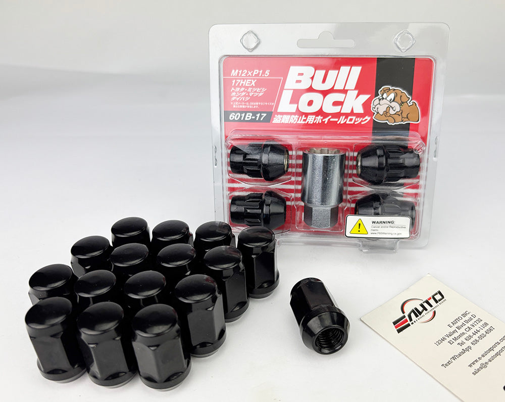 20pc Bull Lock 4pc + 16pc 12x1.5 M12 P1.5 Wheel Tuner lug Nut Taper Acorn -Black