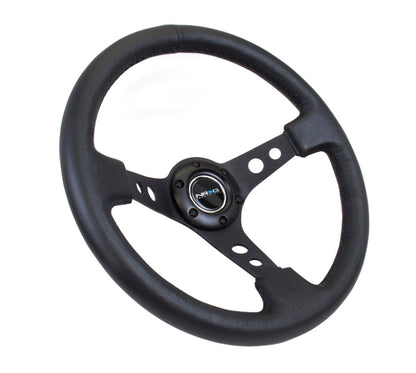 NRG Reinforced Steering Wheel (350mm / 3in. Deep) Blk Leather w/Blk Spoke & Circle Cutouts