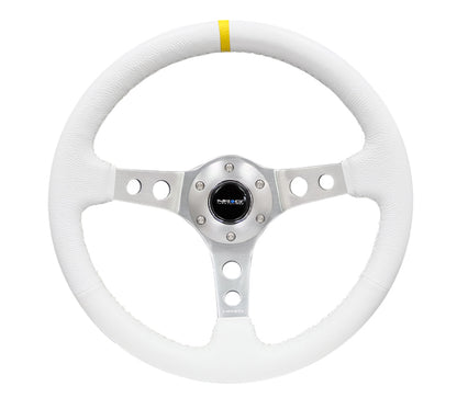 NRG Reinforced Steering Wheel (350mm / 3in. Deep) White Leather w/Silver Spoke & Single Yellow Mark