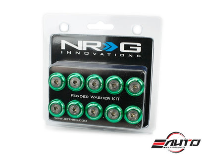 NRG 10pc Universal Green Fender Bumper Washer Kit Silver Bolt for Plastic 100GN