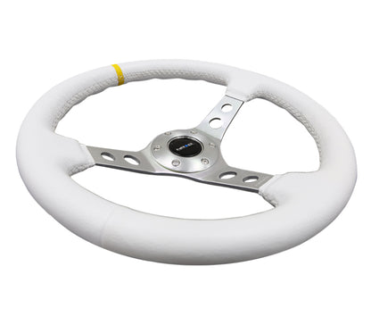 NRG Reinforced Steering Wheel (350mm / 3in. Deep) White Leather w/Silver Spoke & Single Yellow Mark